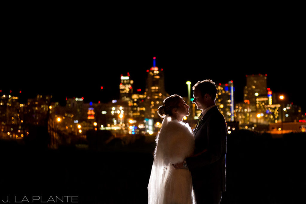 J. La Plante Photo | Denver Wedding Photographers | Mile High Station Wedding | Bride and Groom with Denver Skyline