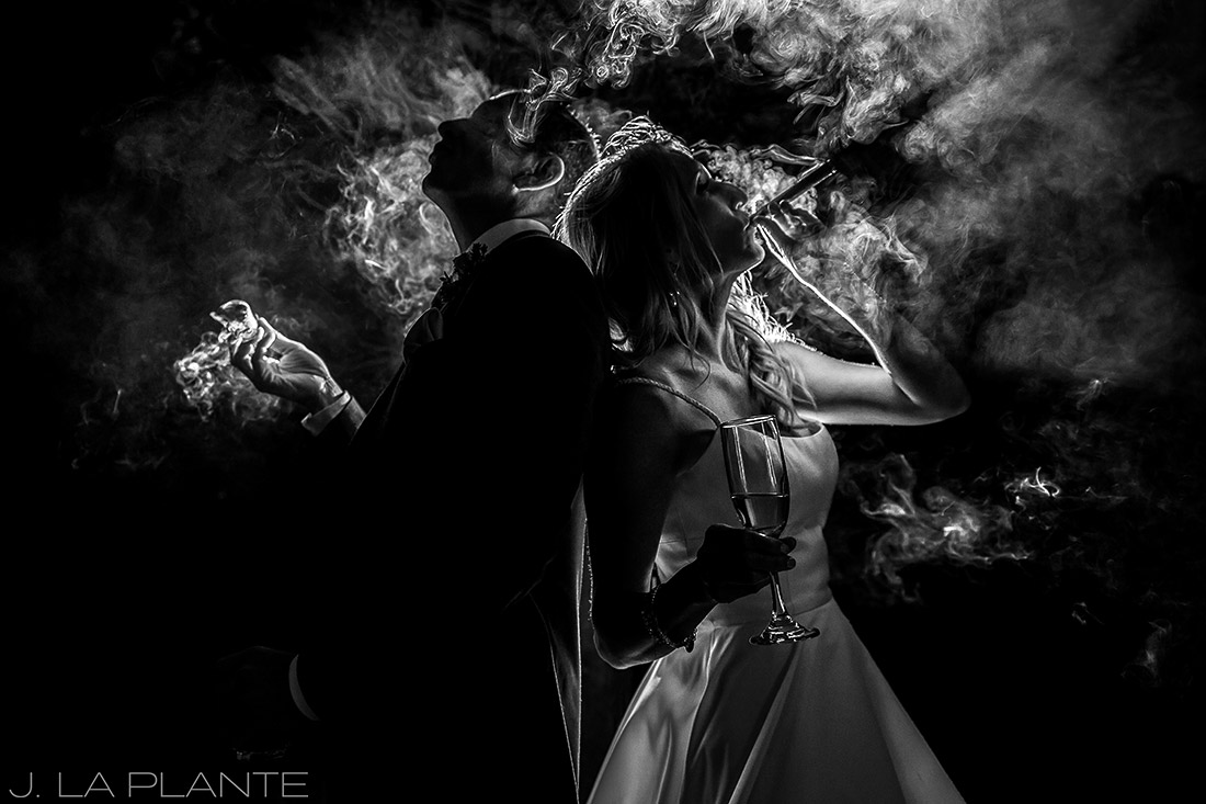 J. La Plante Photo | Denver Wedding Photographer | Chatfield Botanic Gardens Wedding | Bride and Groom Smoking Cigars