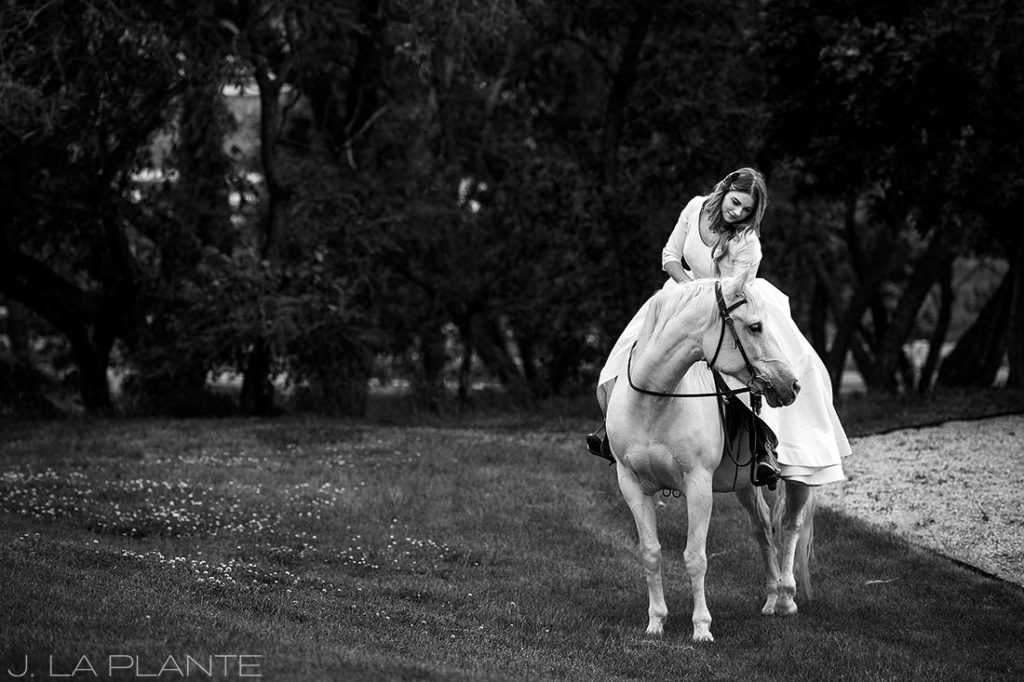 Bride on horse | Crooked Willow Farms Wedding | Denver Wedding Photographer | J La Plante Photo