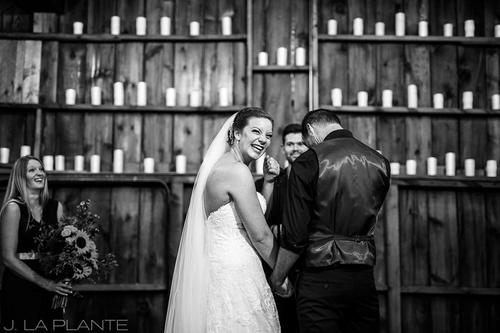 Crooked Willow Farms Wedding | Bride laughing during ceremony | Colorado Wedding Photographer | J La Plante Photo