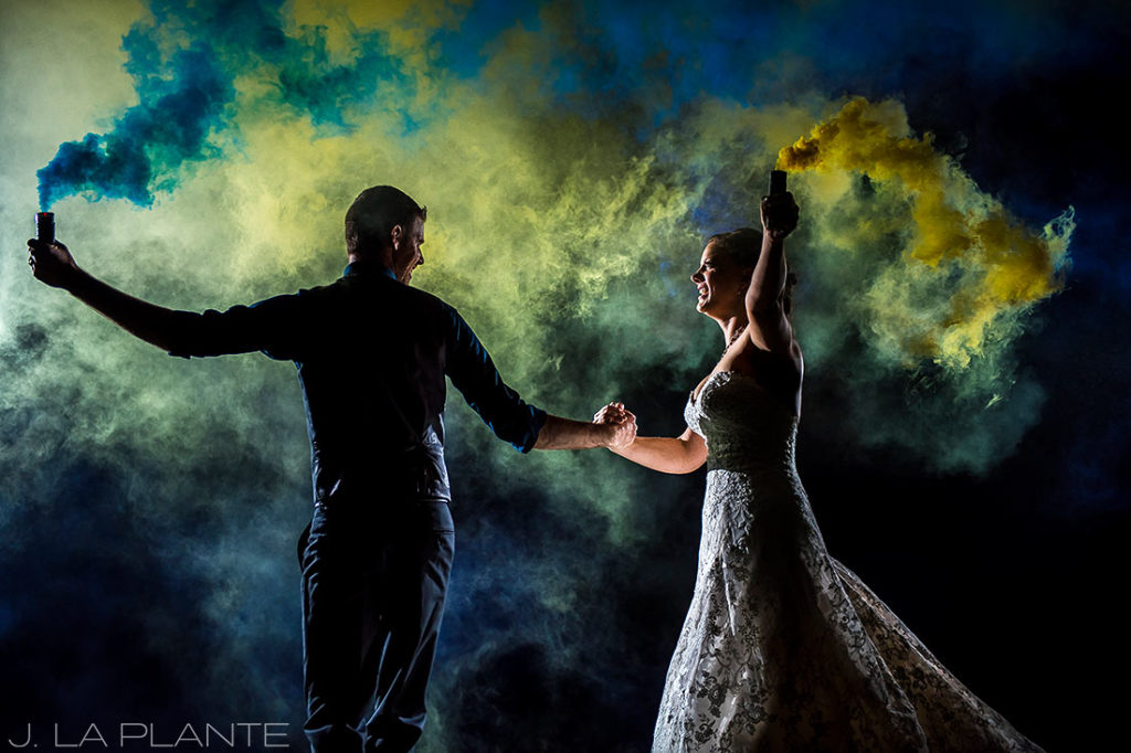 Crooked Willow Farms Wedding | Nighttime portrait with smoke | Colorado Wedding Photographer | J La Plante Photo