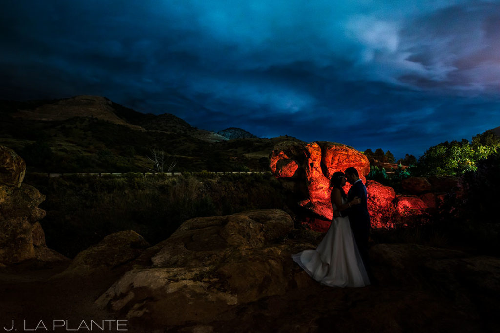 Willow Ridge Manor Wedding | Nighttime portrait of bride and groom | Denver wedding photographer | J La Plante Photo