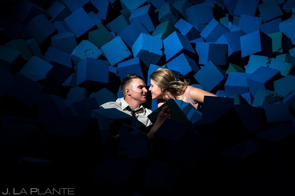 Bride and groom in foam pit | Aerial engagement session | Woodward Training Facility | Copper Mountain engagement photographer | J L a Plante Photo