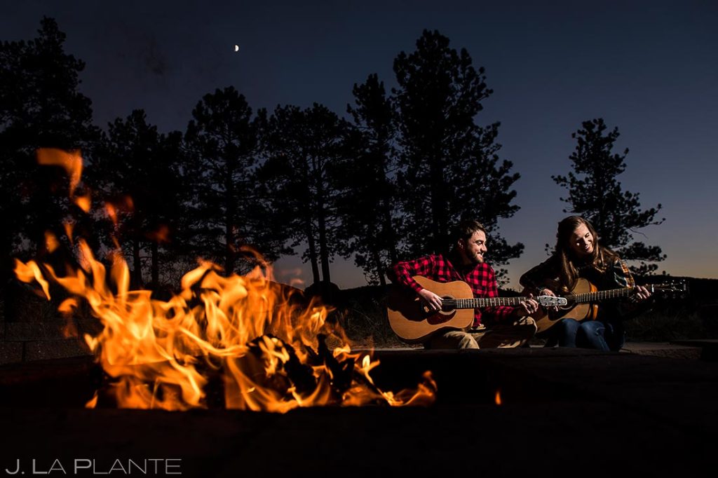 Bride and Groom Playing Guitars | Rustic Mountain Engagement | Estes Park Wedding Photographer | J. La Plante Photo