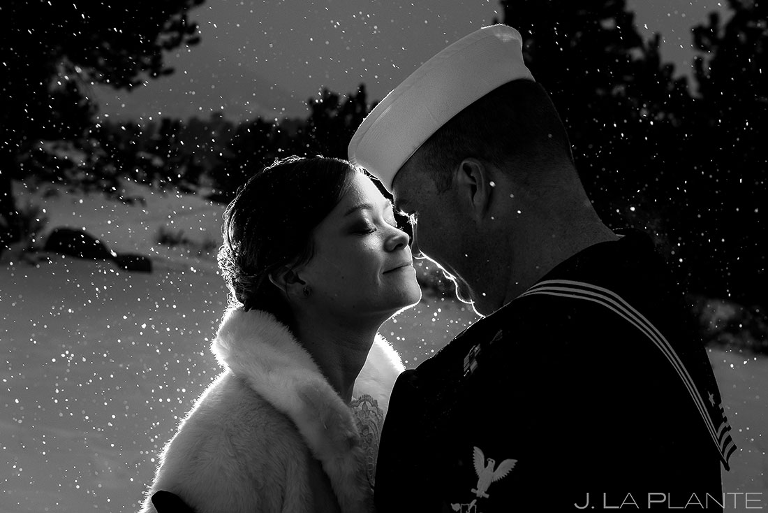 Bride and groom in snow | Estes Park Winter Wedding | Rocky Mountain Wedding Photographer | J La Plante Photo