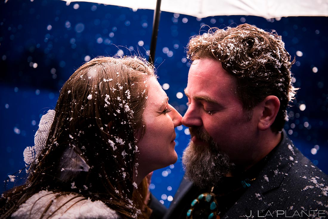 Bride and groom in snow | Evergreen Lake House Wedding | Evergreen Wedding Photographer | J. La Plante Photo