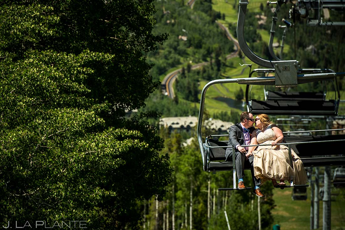 Bride and Groom Riding Chairlift | Beaver Creek Lodge Wedding | Beaver Creek Wedding Photographer | J. La Plante Photo