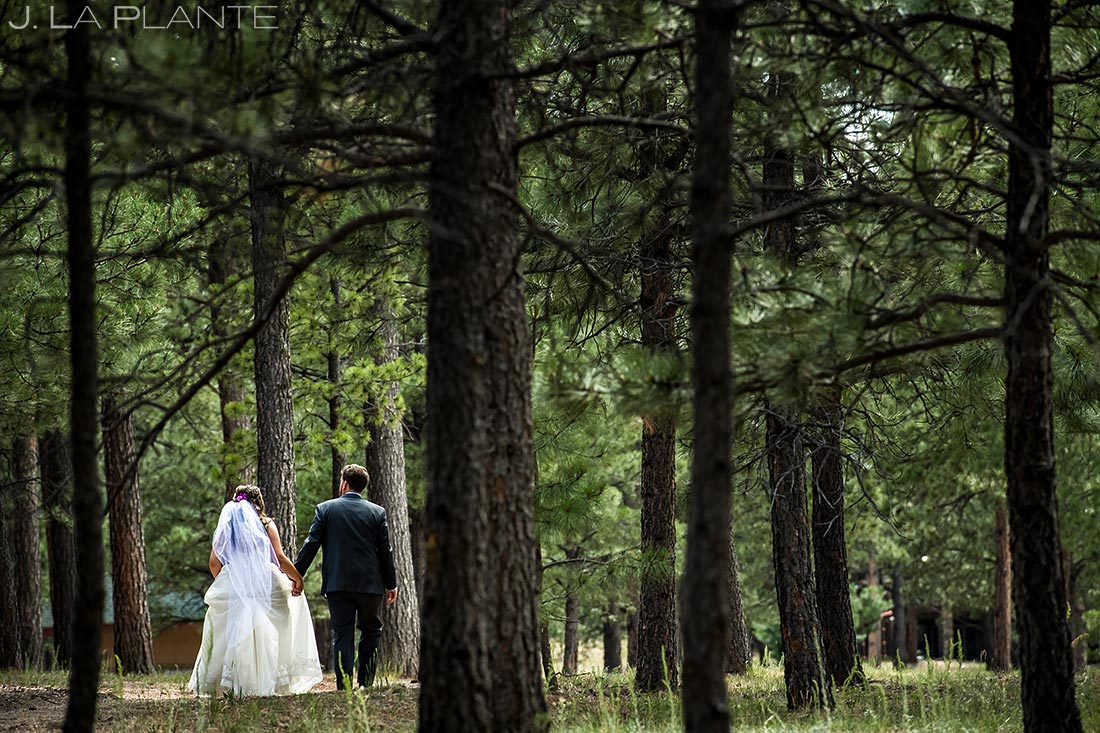 Bride and Groom Hiking Through Forest | Lodge at Cathedral Pines Wedding | Colorado Springs Wedding Photographer | J. La Plante Photo
