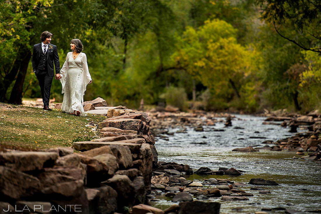 Bride and Groom by River | Planet Bluegrass Wedding | Boulder Wedding Photographer | J. La Plante Photo