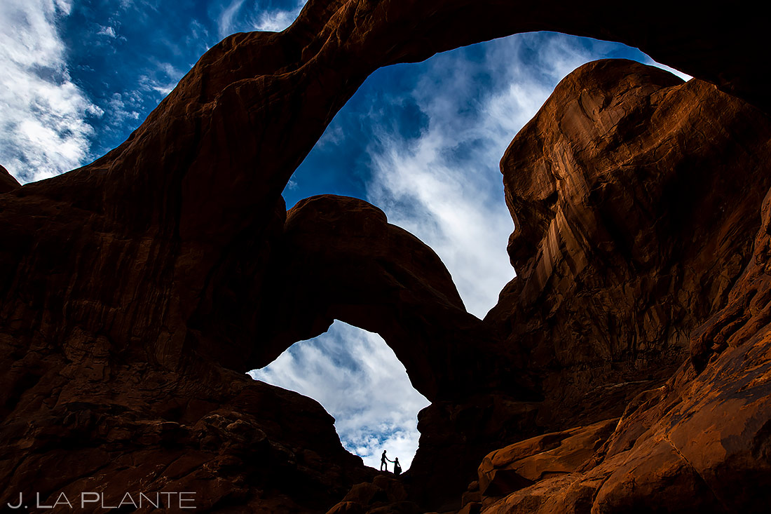 Bride and Groom at Double Arch | Arches National Park Engagement | Moab Wedding Photographer | J. La Plante Photo
