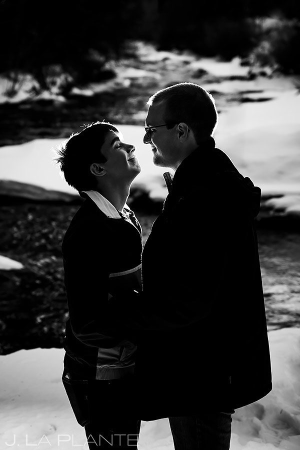 Groom and Groom by River | Colorado Pre Wedding Photo Session | Colorado Wedding Photographers | J. La Plante Photo