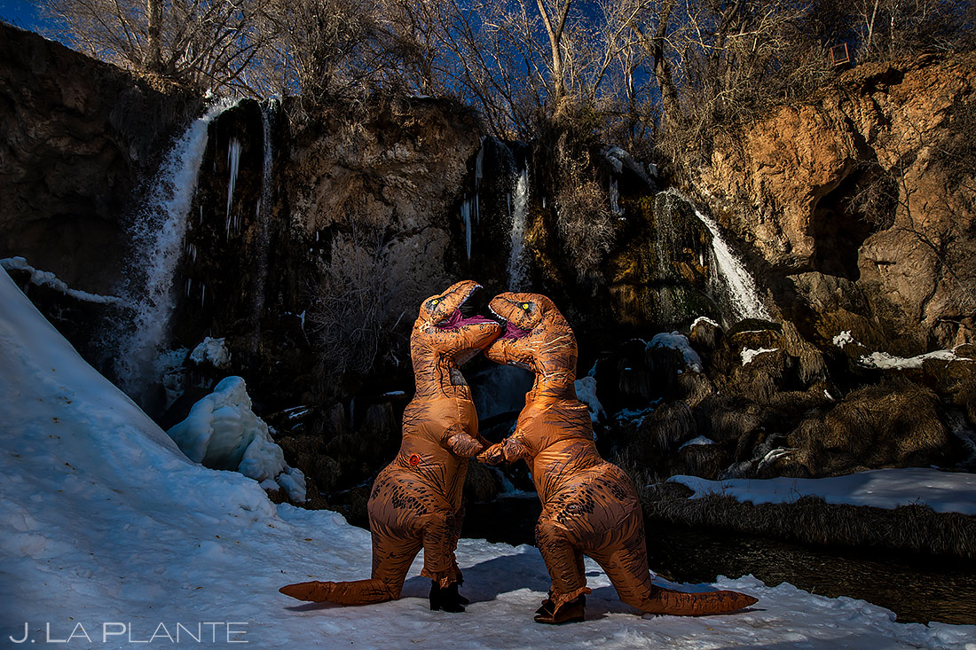 Bride and Groom in Dinosaur Costumes | Rifle Falls Engagement | Colorado Wedding Photographers | J. La Plante Photo