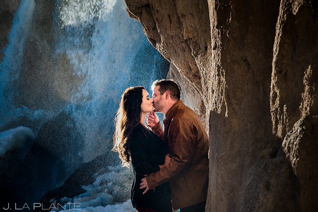 Bride and Groom by Waterfall | Rifle Falls Engagement | Colorado Wedding Photographers | J. La Plante Photo