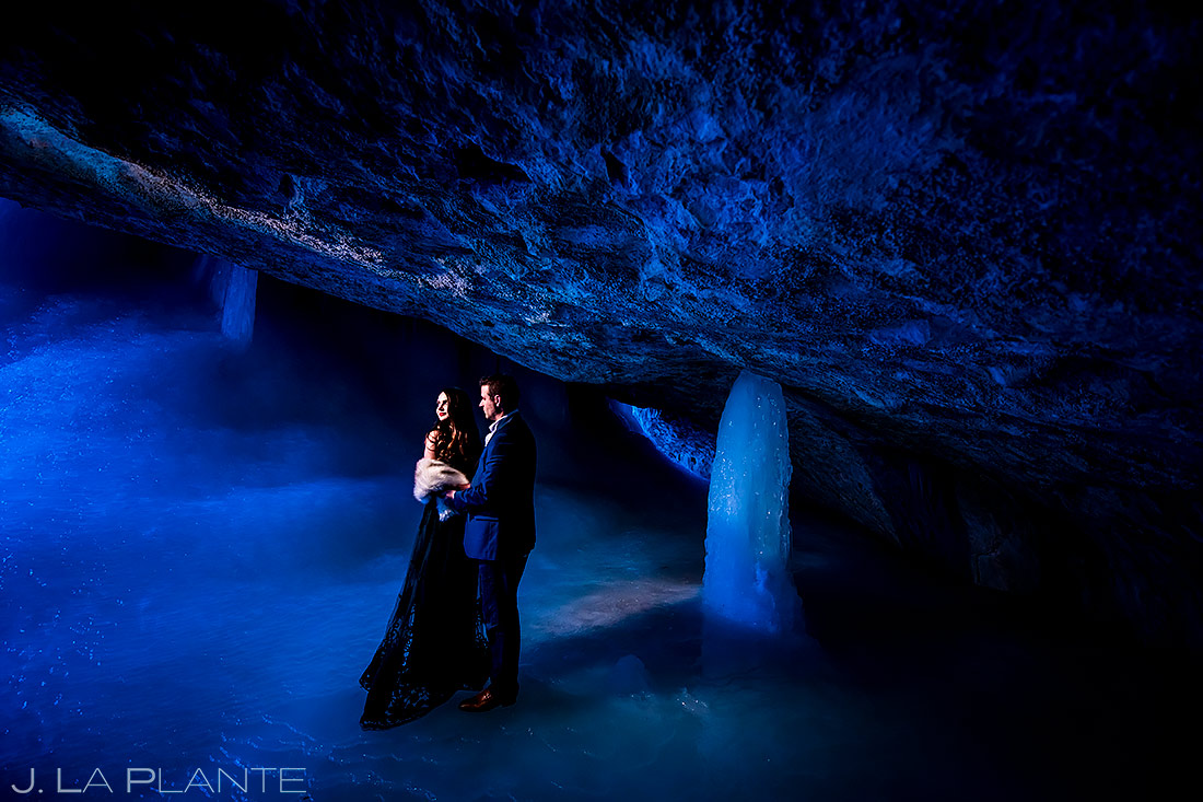 Bride and Groom in Ice Cave | Colorado Pre Wedding Photo Session | Colorado Wedding Photographers | J. La Plante Photo