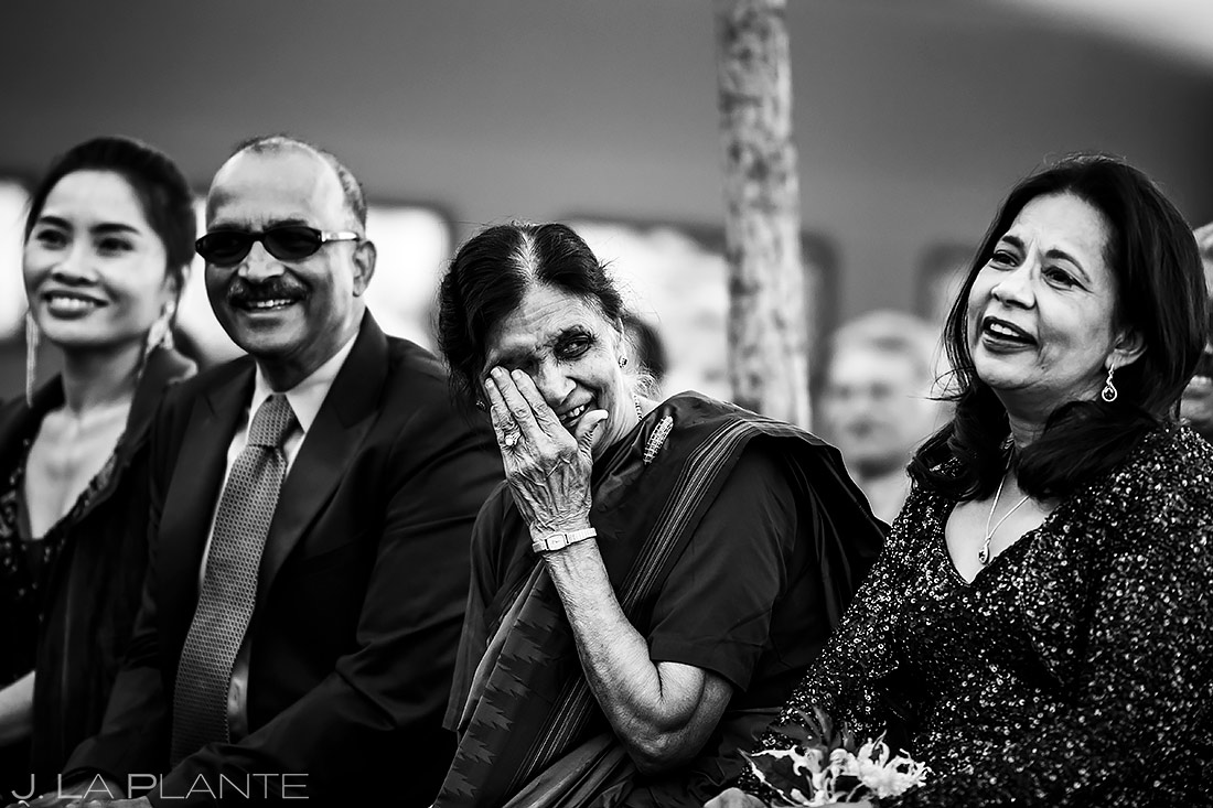 Grandma crying during wedding ceremony | Spruce Mountain Ranch Wedding | Denver Indian Wedding Photographer | J. La Plante Photo