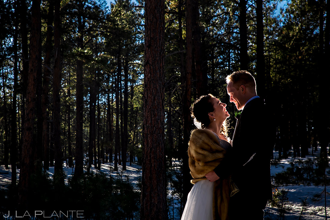 Bride and Groom in the Woods | Lodge at Cathedral Pines Wedding | Colorado Springs Wedding Photographer | J. La Plante Photo