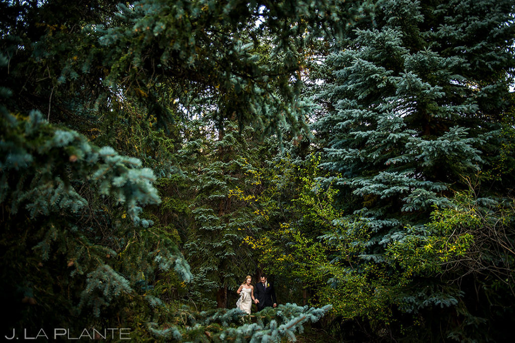 Bride and Groom Hiking Through Woods | Mountain View Ranch Wedding | Colorado Wedding Photographer | J. La Plante Photo