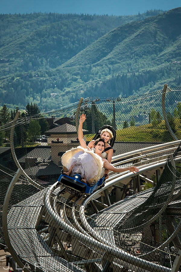 Bride and Bride Riding Roller Coaster | Steamboat Grand Wedding | Steamboat Springs Wedding Photographer | J. La Plante Photo
