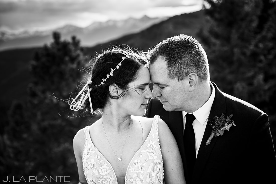 black and white portrait of bride and groom | mountain elopement in vail
