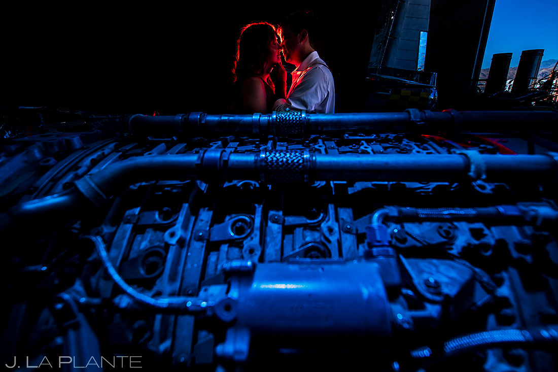 engagement photo inspiration | bride and groom with airplane engine