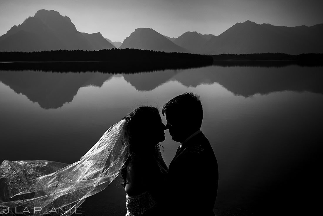 black and white potrait of bride and groom during grand teton elopement