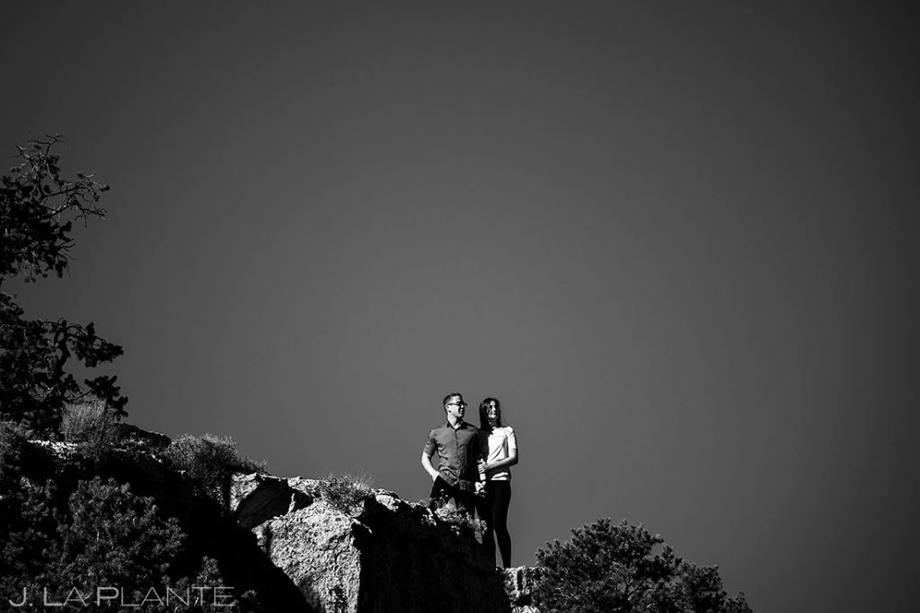 black and white engagement portrait of bride and groom to be