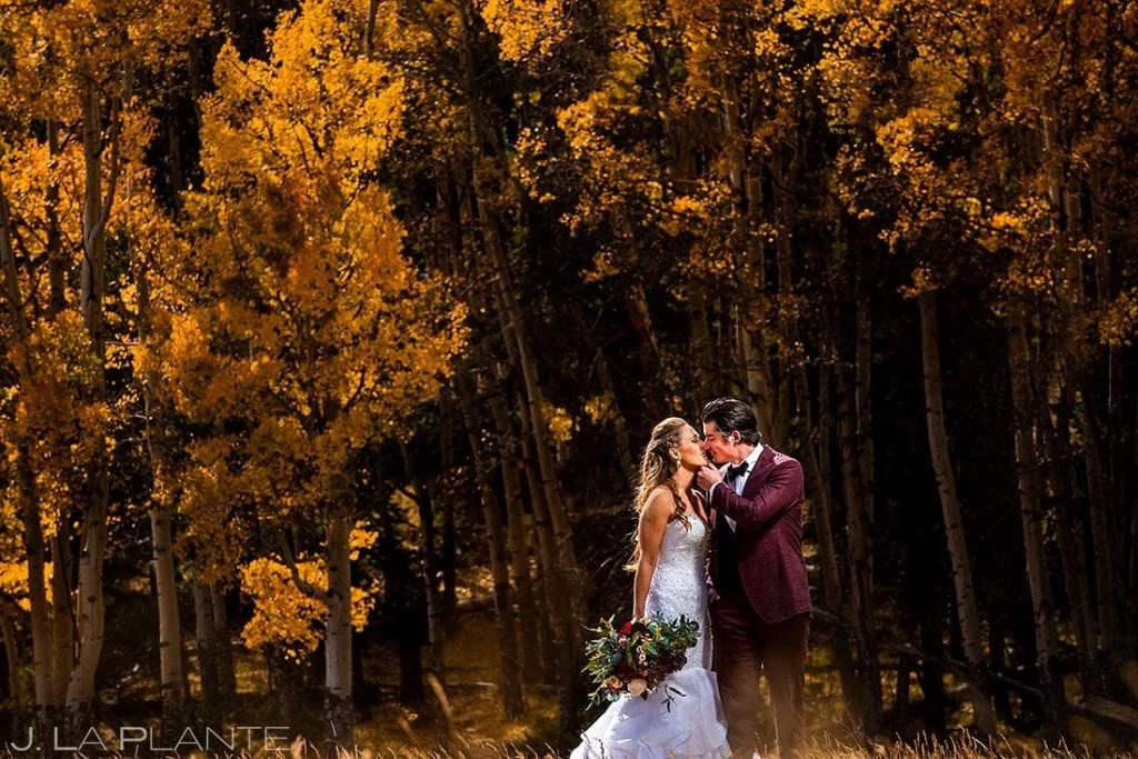 fall wedding at Della Terra portrait of bride and groom with aspen trees