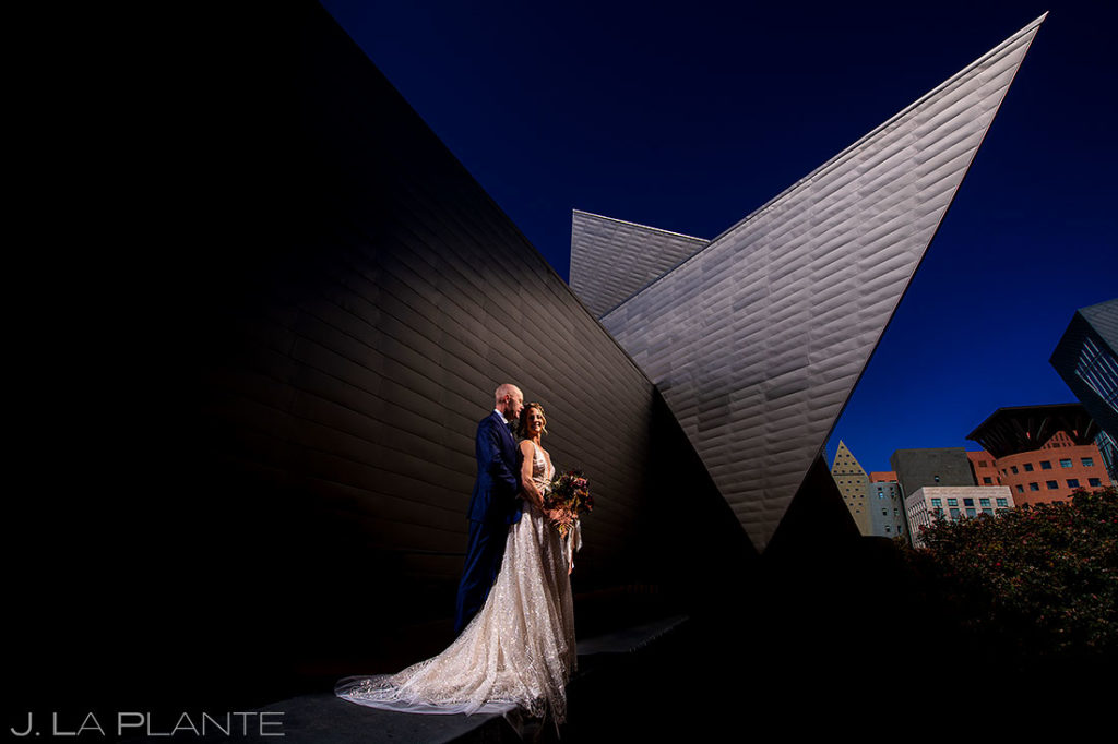 portrait of bride and groom at the Denver Art Museum