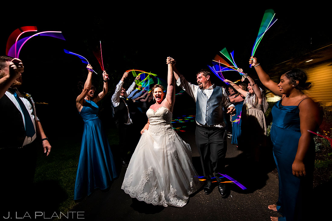 glowstick send off for bride and groom after Eagle-Vail Pavilion wedding
