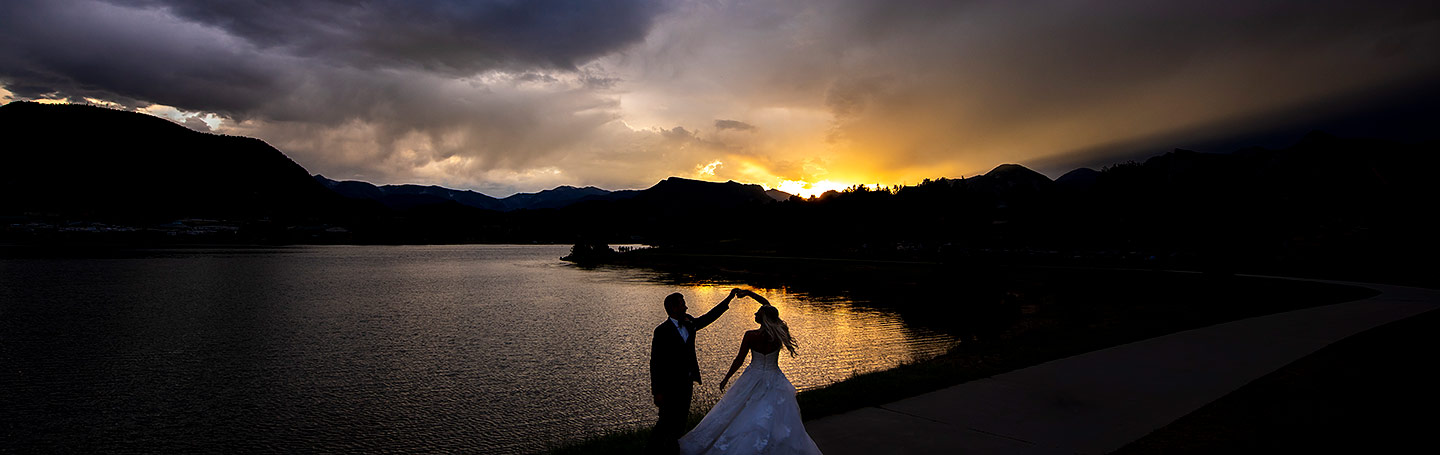 sunset portrait of bride and groom at Estes Park Resort wedding