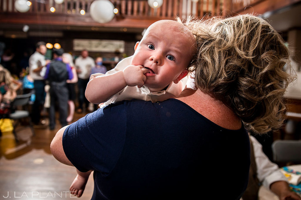 cute baby at wedding reception in Colorado