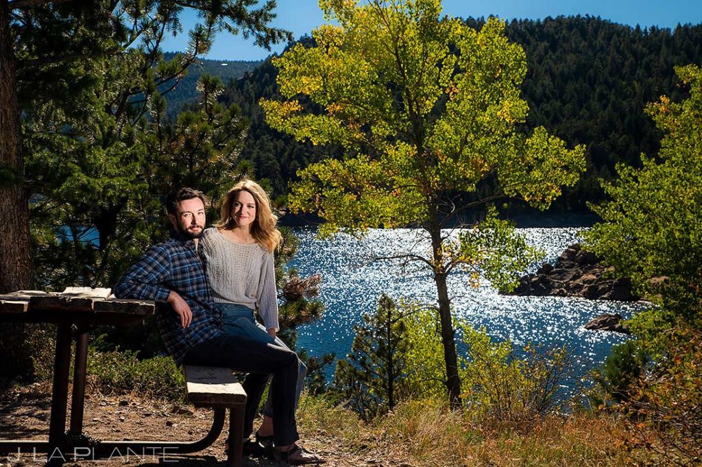 bride and groom to be at reservoir in Boulder Colorado