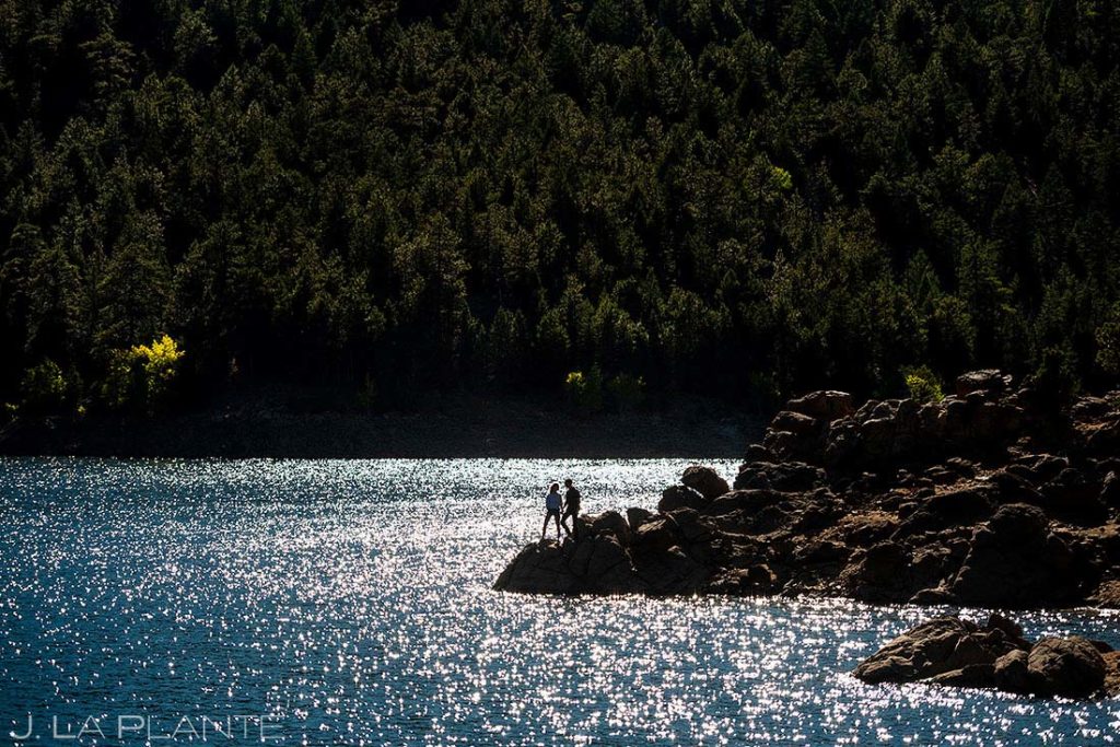 bride and groom to be at reservoir in Boulder Colorado