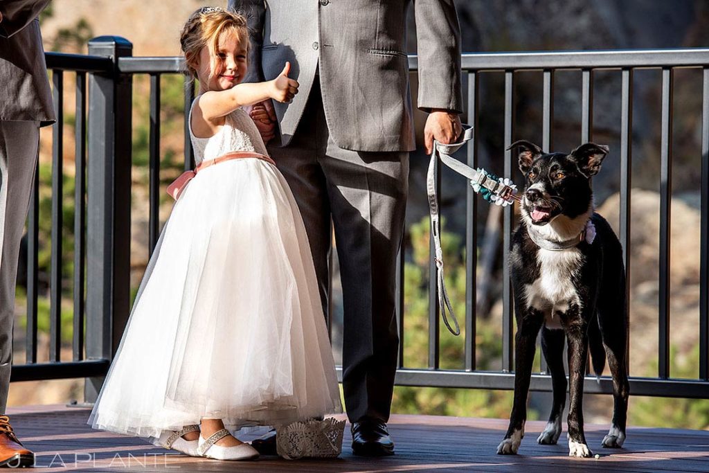 flower girl with wedding dog during wedding ceremony