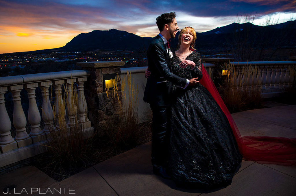 sunset portrait of bride and groom at Pinery Colorado Springs wedding