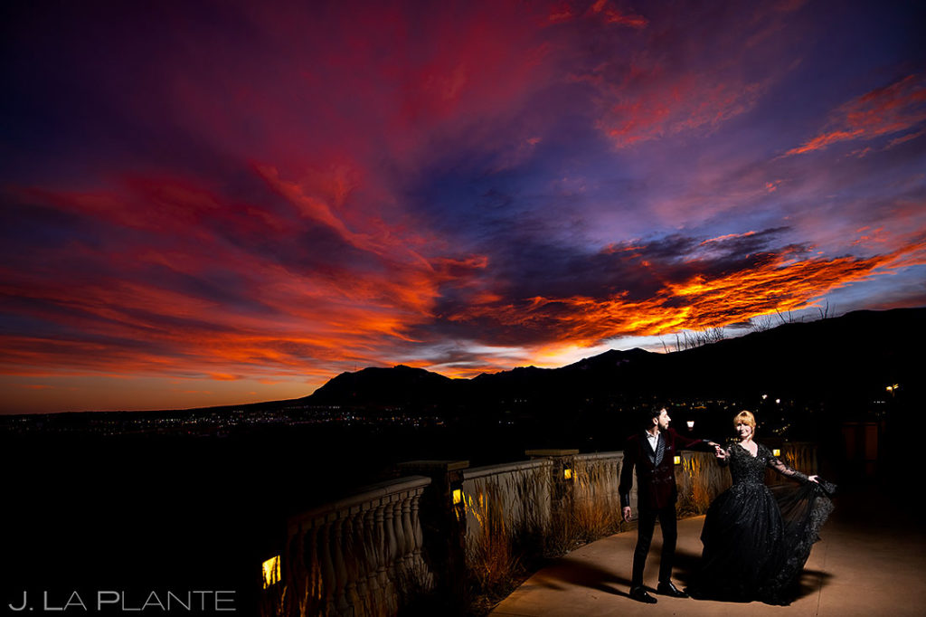 sunset portrait of bride and groom at Pinery Colorado Springs wedding