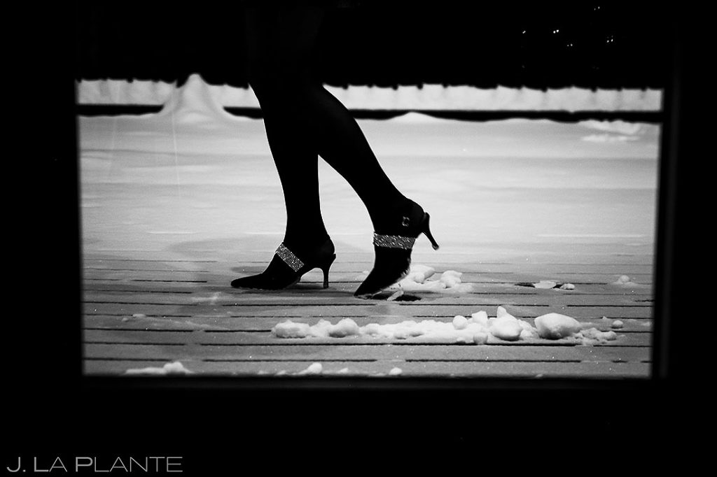 wedding guest walking in the snow