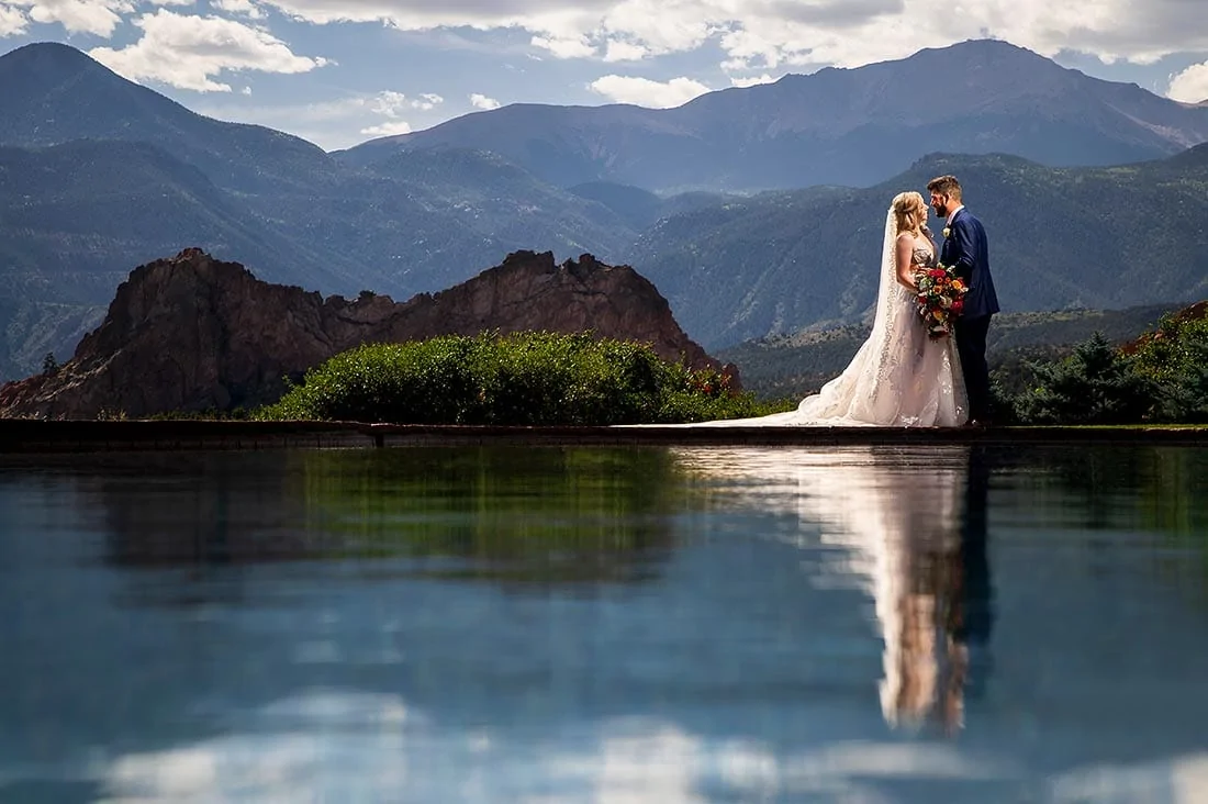 vibrant wedding photography bride and groom with Pikes Peak