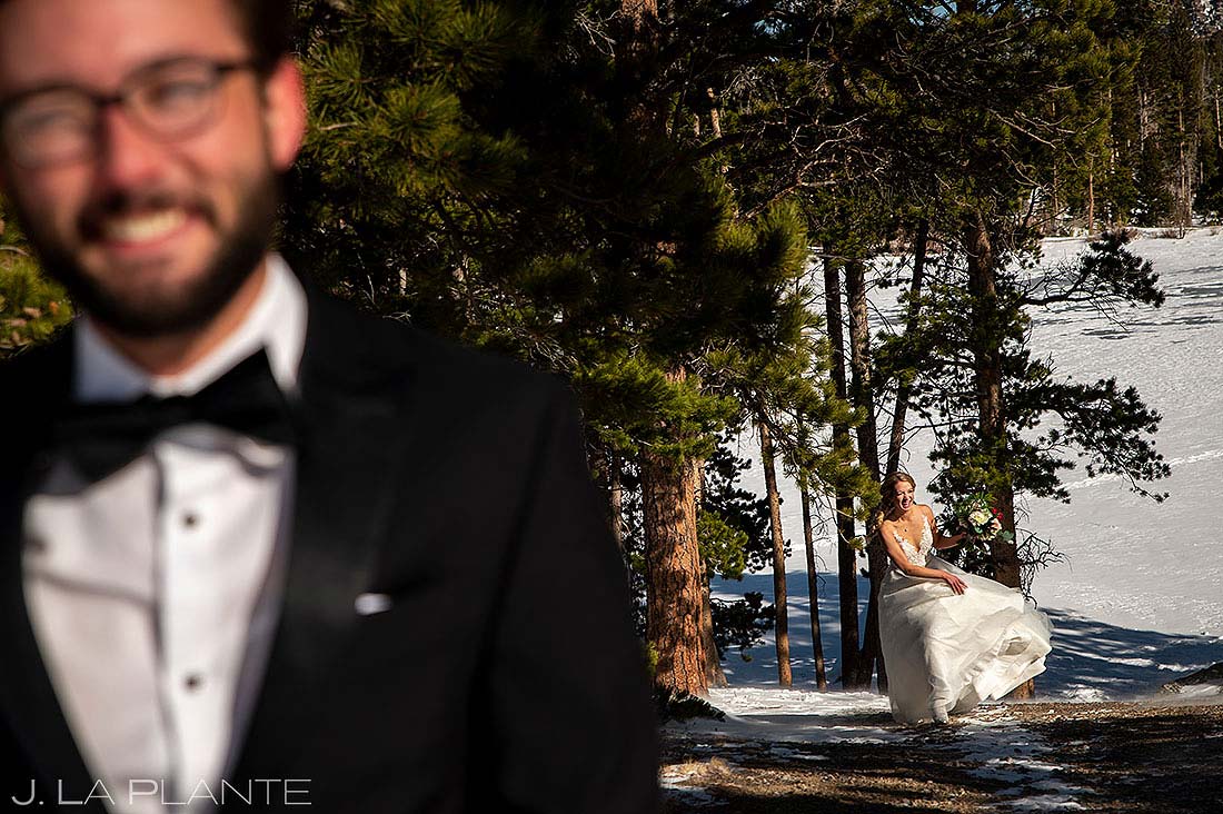 bride and groom first look in rocky mountain national park