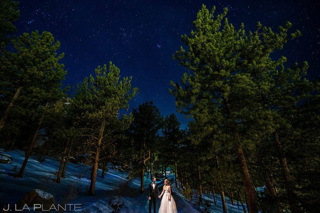 bride and groom under the stars at winter wedding at Black Canyon Inn