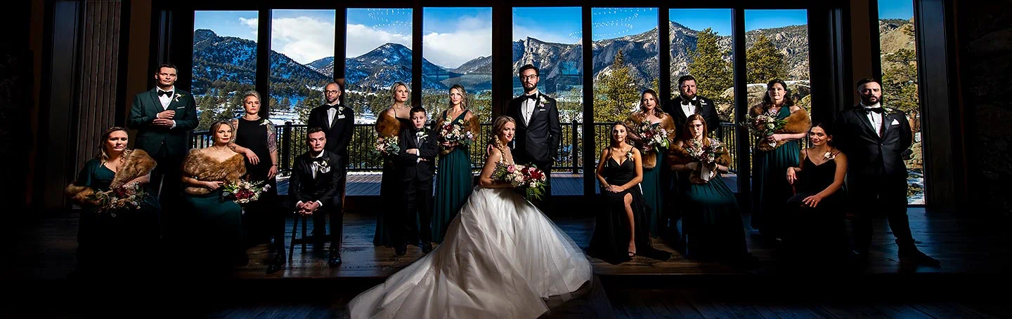 wedding party portrait at winter wedding at Black Canyon Inn