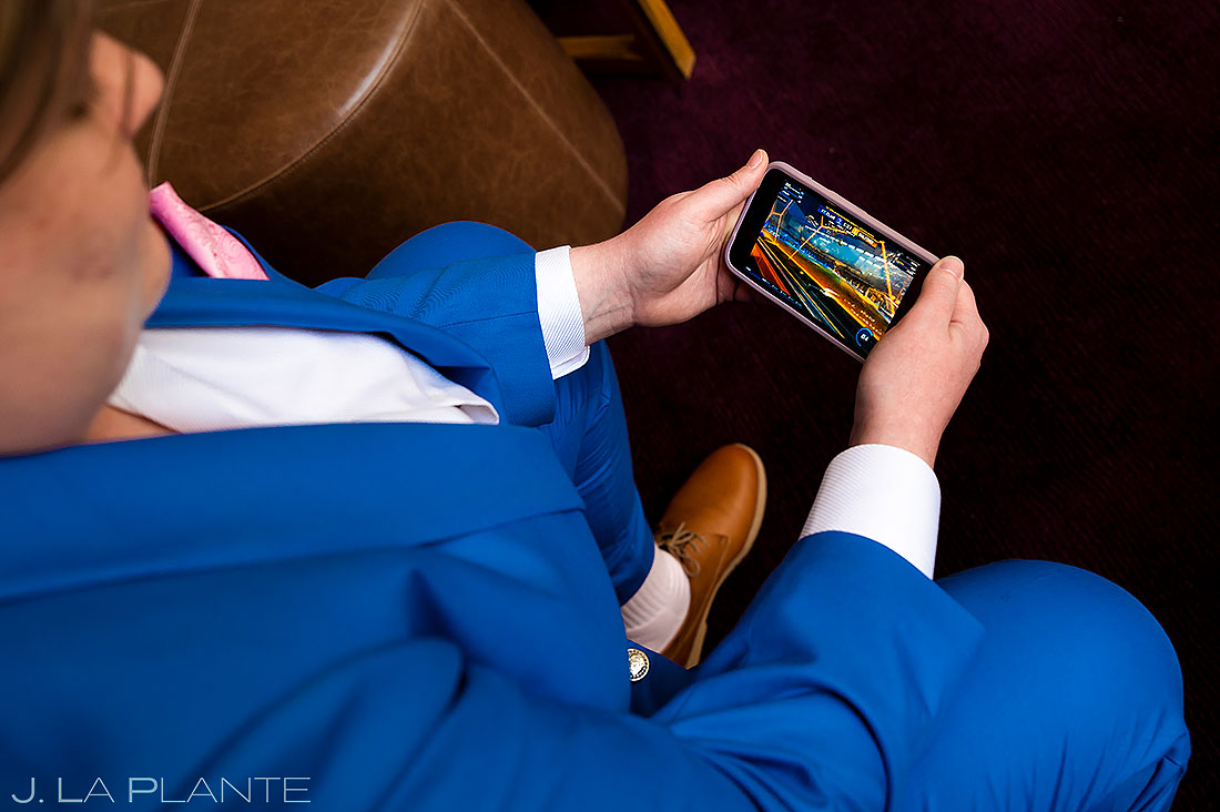 bride playing video games before wedding ceremony
