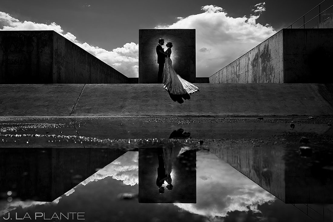 creative black and white portrait of bride and groom