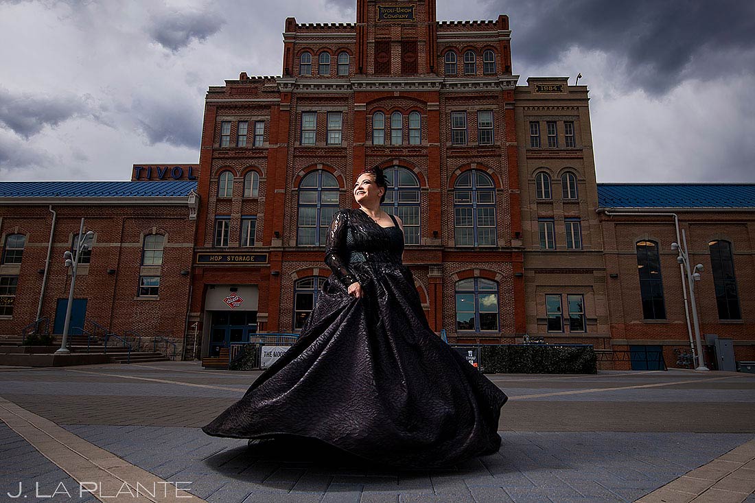 bridal portrait in downtown Denver of bride in black wedding dress