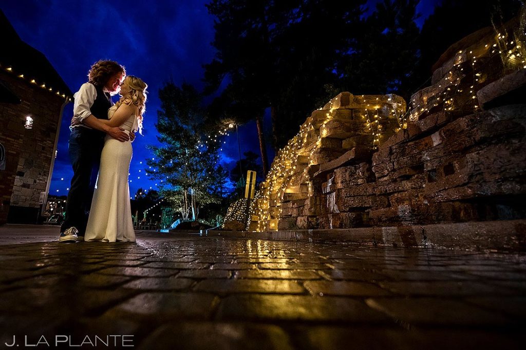 blue hour portrait of bride and groom at Della Terra Mountain Chateau wedding