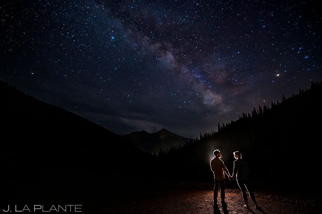 bride and groom under the stars San Juan Mountains engagement
