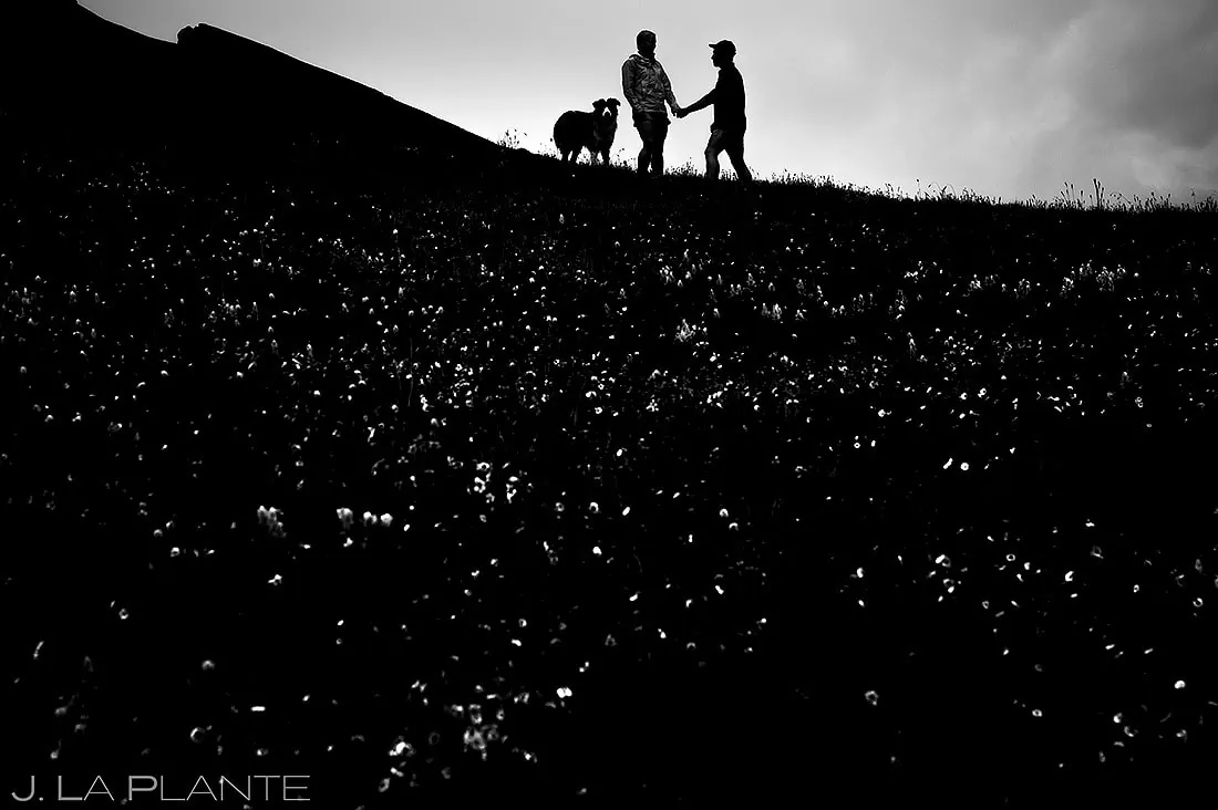 silhouettes of bride and groom and dog San Juan Mountains engagement