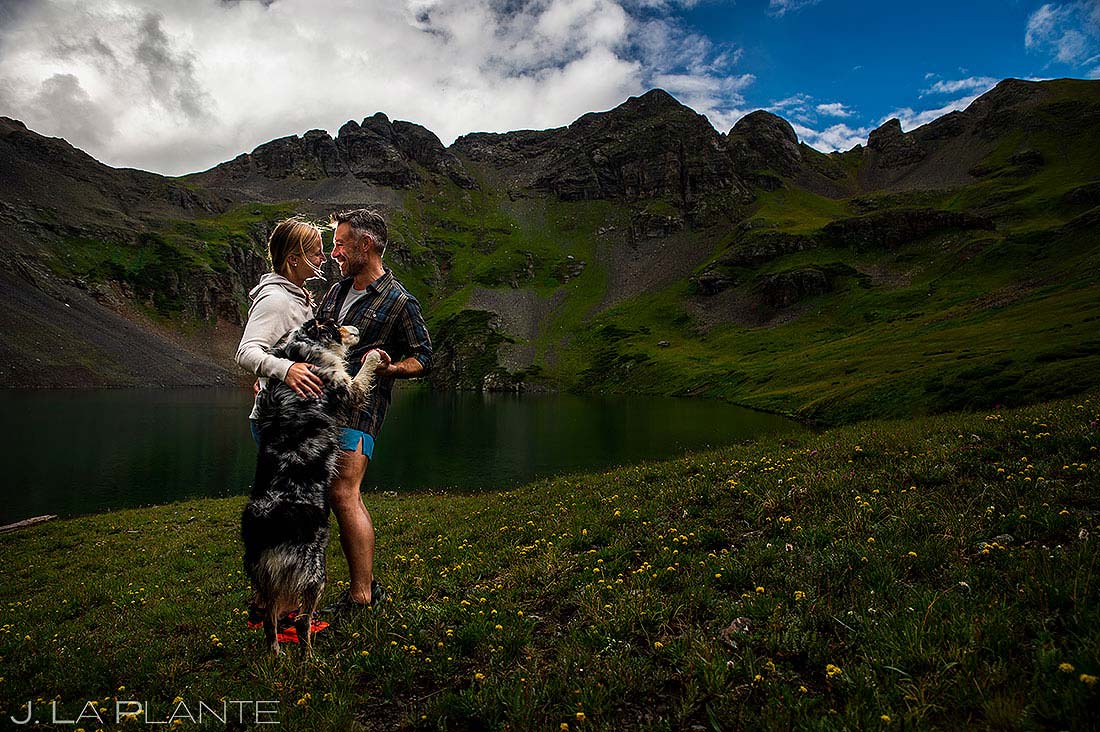 bride and groom with dog San Juan Mountains engagement