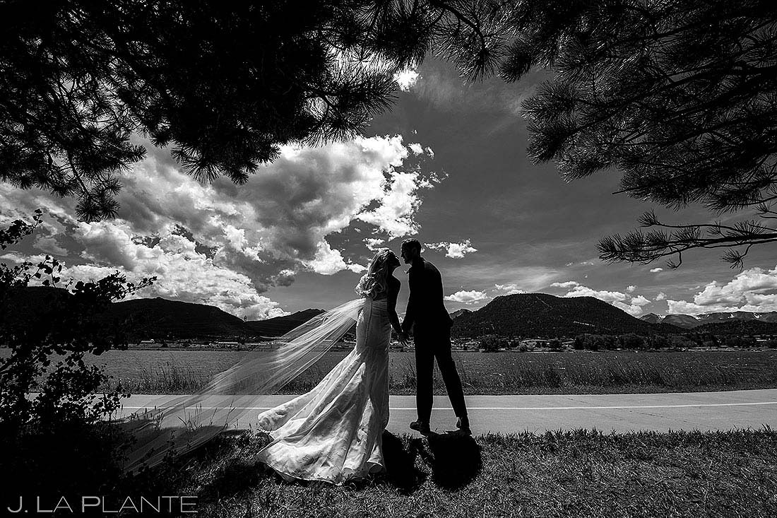 black and white portrait of bride and groom at Lake Estes
