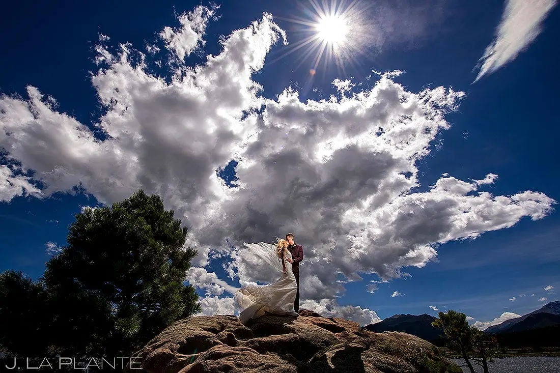 portrait of bride and groom at Lake Estes